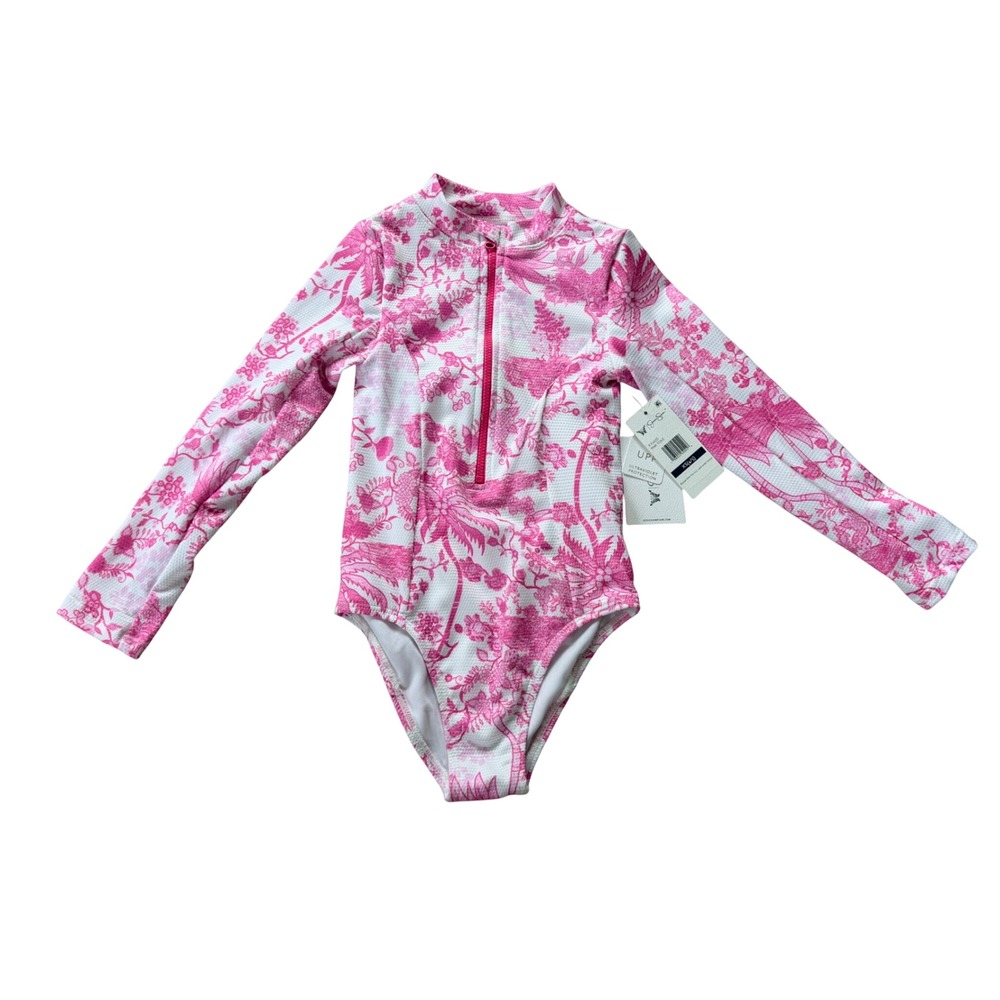 Jessica Simpson Girls Pink Tropical Toile Long Sleeve Rash Guard Swimsuit XS 4/5